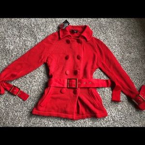 Cherry Red, Belted Jacket with Buttons